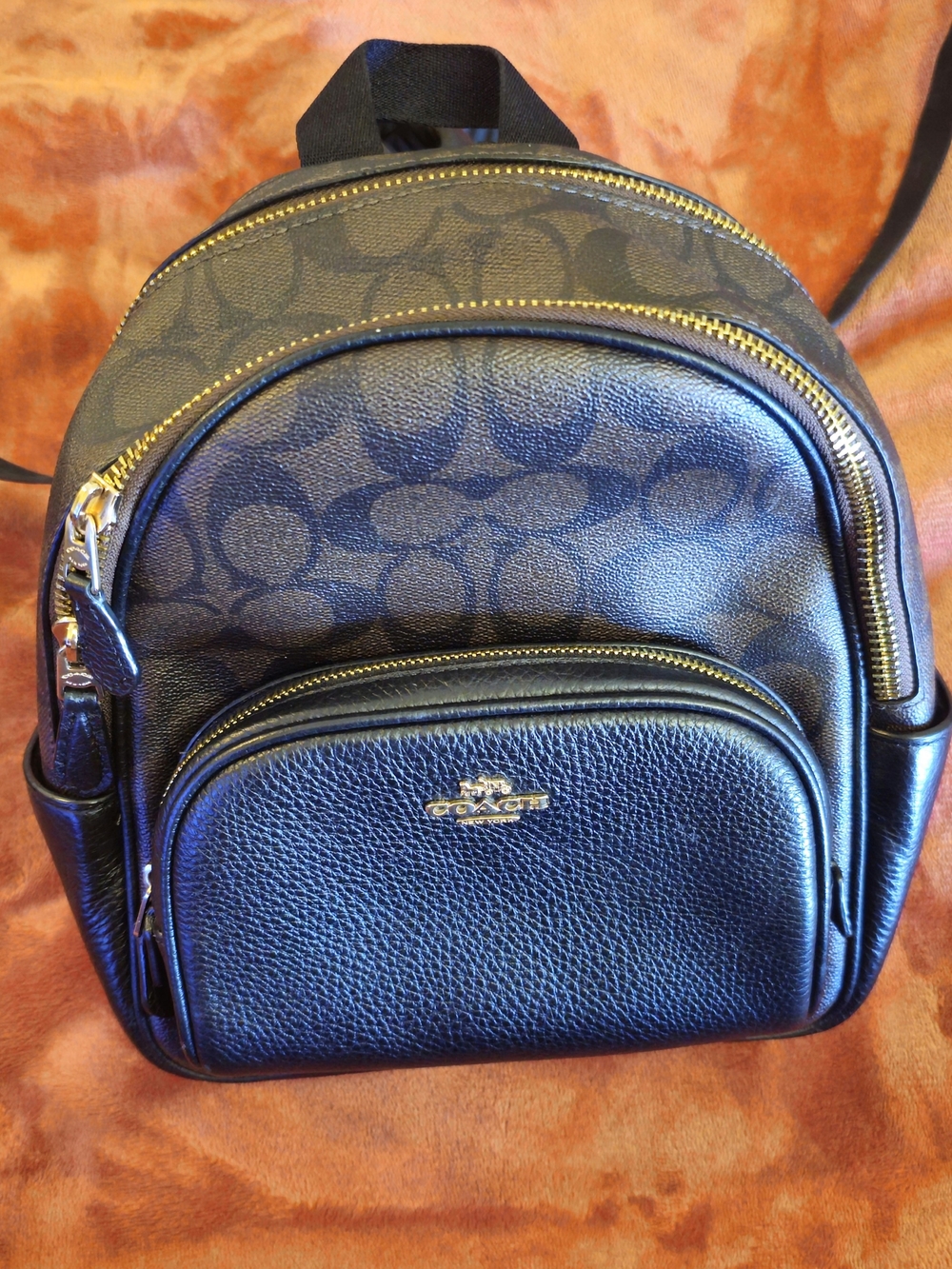 Coach Black/Brown Signature Mini Backpack with Gold Hardware